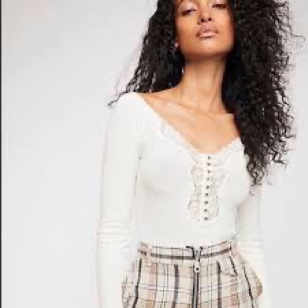Free People White Lace Henley Long Sleeve Top